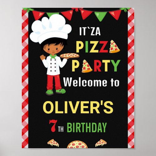Pizza welcome party sign Little boy chef poster