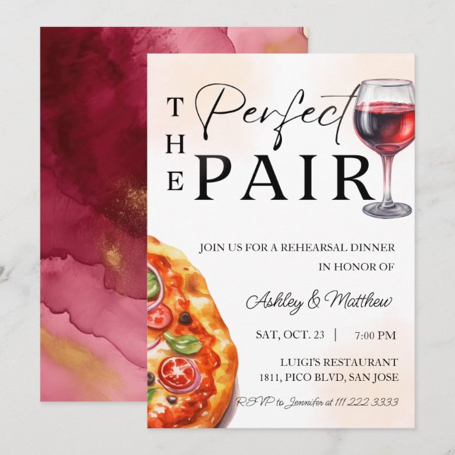 Pizza Wine Rehearsal Dinner Perfect Pair  Invitation (Front/Back)