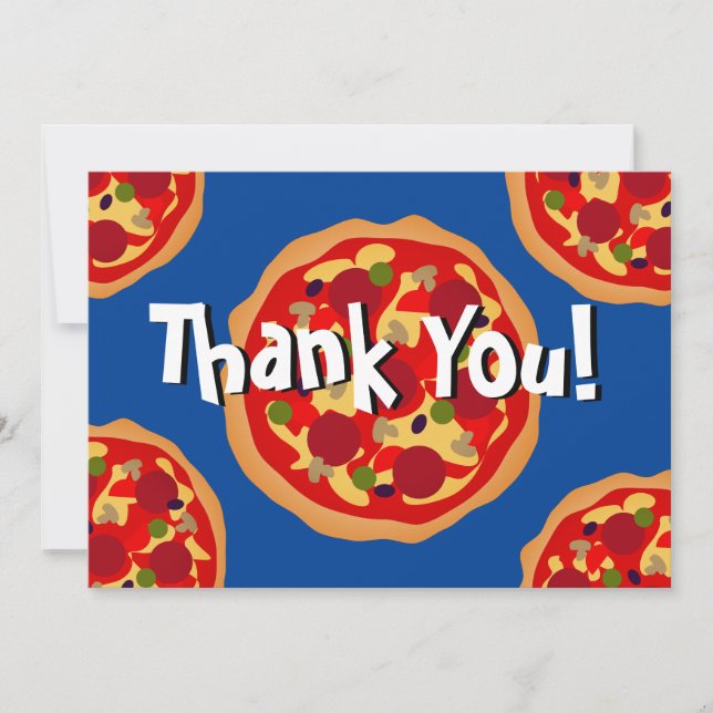 Pizza with toppings Birthday party thank you cards (Front)