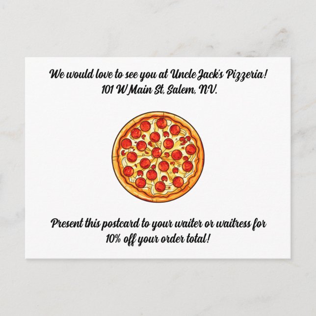Pizzeria Promotional Postcard Cusomtizable Text (Front)