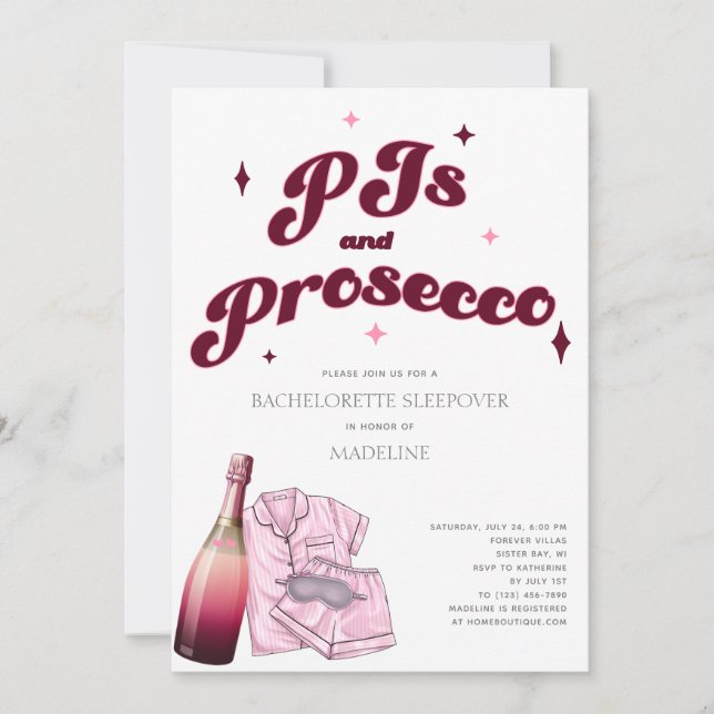 PJs and Prosecco Pajamas Bachelorette Party Invitation (Front)
