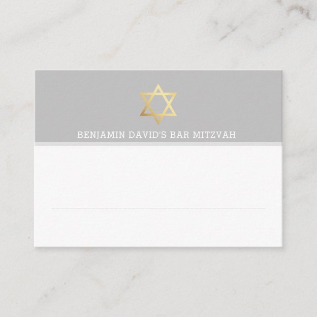 PLACE CARDS Bar Mitzvah gold star of david gray (Front)