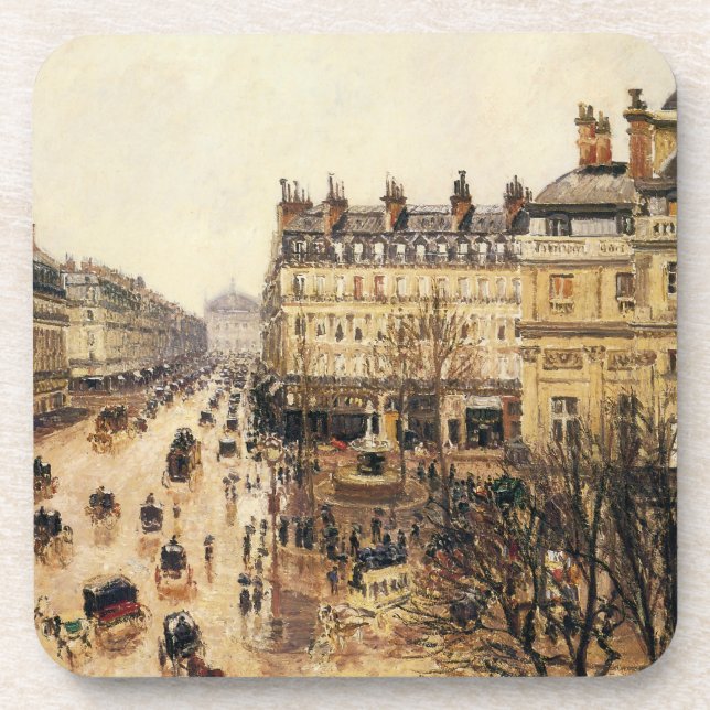 Place du Theater Francais, Paris Rain by Pissarro Beverage Coaster (Front)