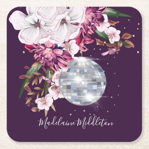 Place Escort Name Seating Disco Floral Burgundy Square Paper Coaster