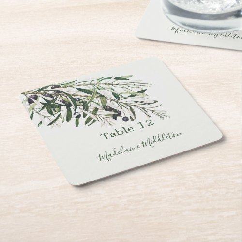 Place Escort Name Seating Italian Olive Branch  Square Paper Coaster