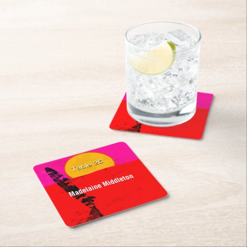 Place Escort Name Seating Summer Beach Retro  Square Paper Coaster