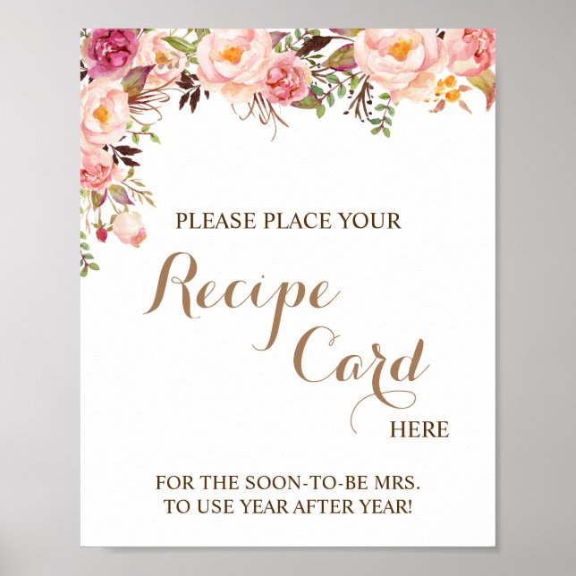 Place Recipe Card Here Pink Floral Shower Sign (Front)
