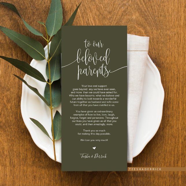 Place Setting Thank You Card for beloved Parents (Wedding Dinner or Elopement Brunch Place Setting Thank You Card, In Modern Rustic Olive Green)