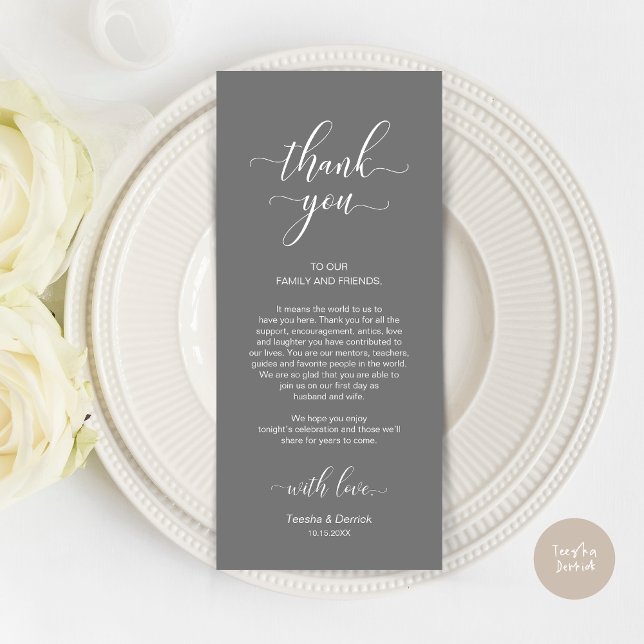 Place Setting Thank You, Elegant Dark Grey Card (Wedding Dinner Place Setting Thank You Card, Modern Classy Design, Dark Grey)