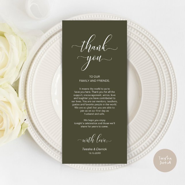 Place Setting Thank You, Elegant Olive Green Card (Wedding Dinner Place Setting Thank You Card, Modern Classy Design, Olive Green)