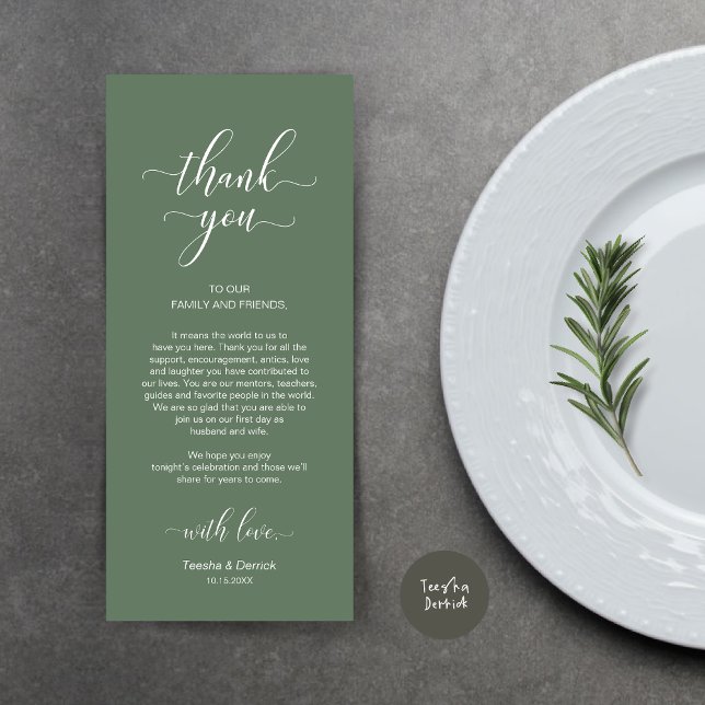 Place Setting Thank You, Elegant Sage Green Card (Wedding Dinner Place Setting Thank You Card, Modern Classy Design, Forest Sage Green)