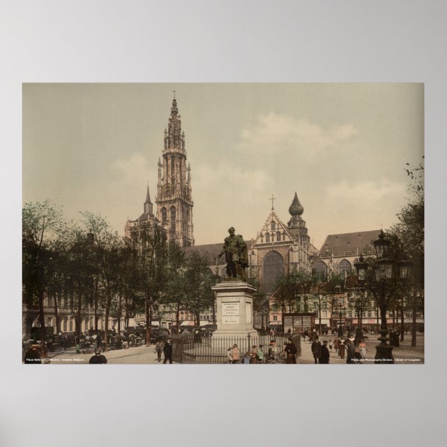 Place Verte and cathedral, Antwerp, Belgium Poster (Front)