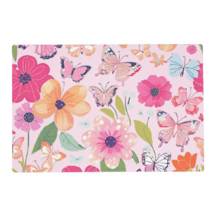 Placemat Pink Flower Garden with Butterflies