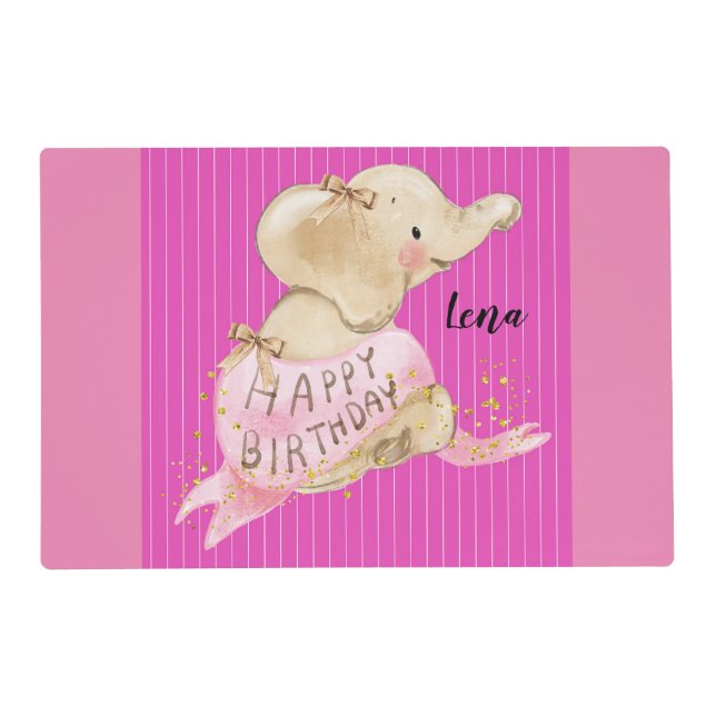 Placemats for Kids Birthday Pink with Elephant (Front)
