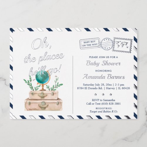 Places Hell Go Travel Baby Boy Navy Blue Silver Foil Invitation