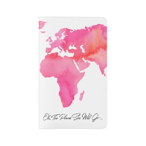 Places She Will Go Quote Pink Watercolor World Map Large Moleskine Notebook