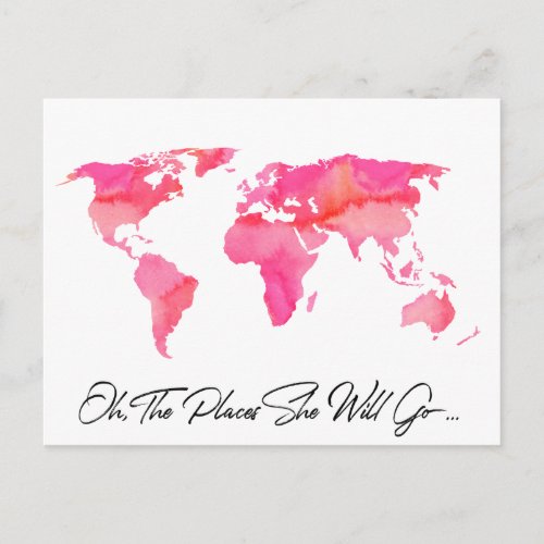 Places She Will Go Quote Pink Watercolor World Map Postcard
