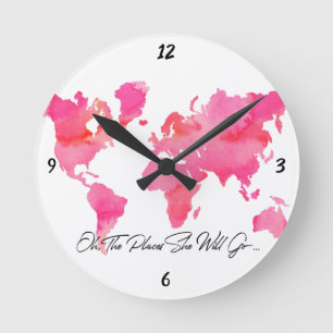 Places She Will Go Quote Pink Watercolor World Map Round Clock