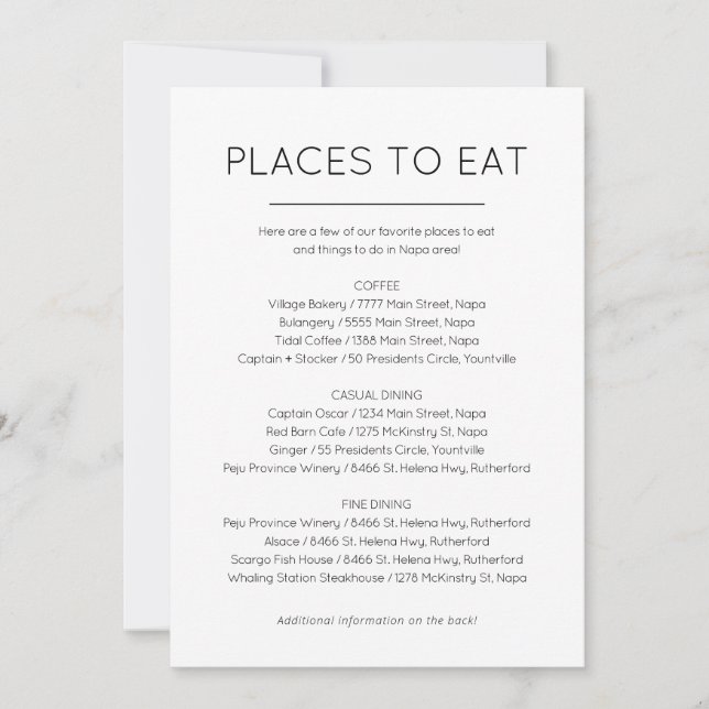 Places to eat and Things to do card (Front)