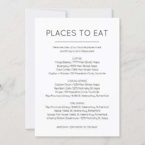 Places to eat and Things to do card