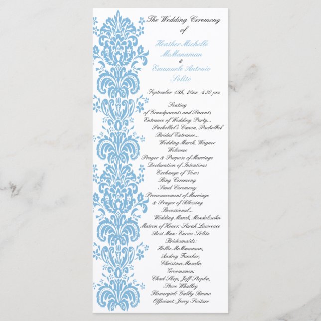 Placid Blue Damask Wedding Program with Photo Back (Front)