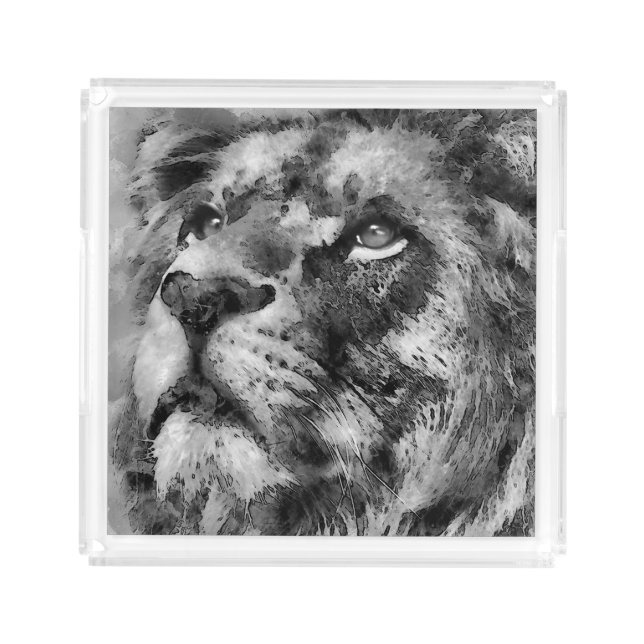 Placid Lion Face Silver Acrylic Tray (Front)