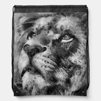 Placid Lion Face Silver Drawstring Bag