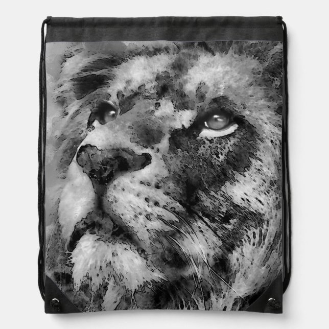 Placid Lion Face Silver Drawstring Bag (Front)
