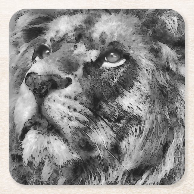 Placid Lion Face Silver Square Paper Coaster (Front)