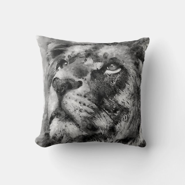Placid Lion Face Silver Throw Pillow (Front)
