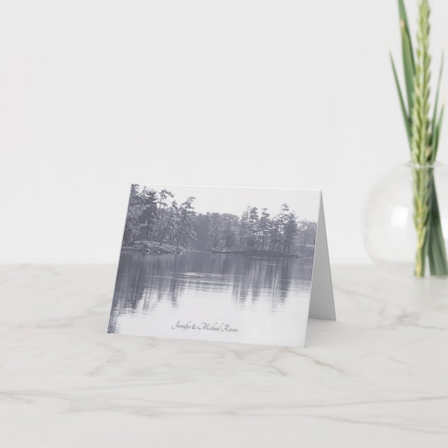placid mountain lake landscape antique blue gray thank you card (Front)