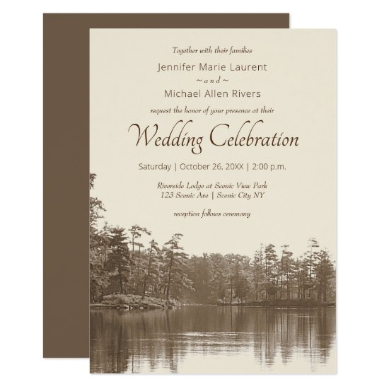 placid mountain lake landscape antique wedding invitation