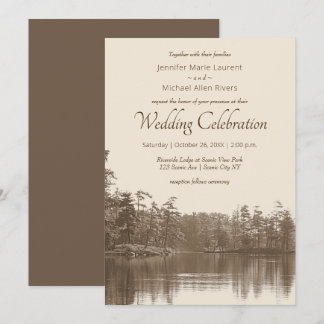placid mountain lake landscape antique wedding invitation