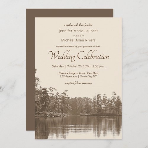 placid mountain lake landscape antique wedding invitation