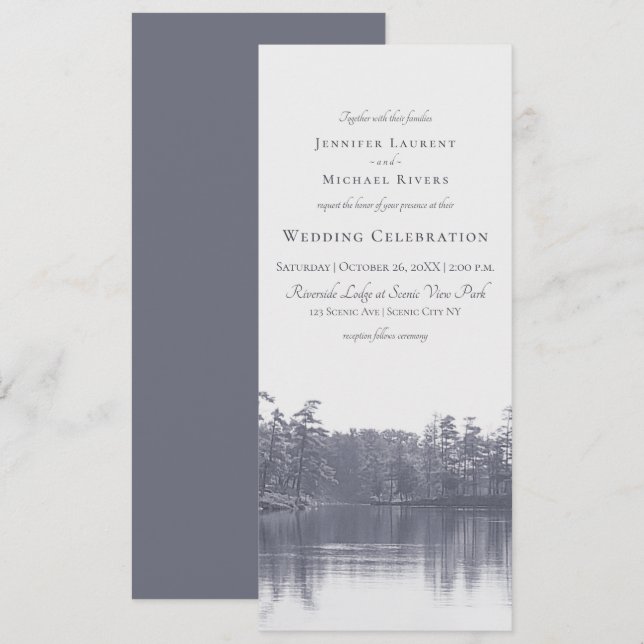 placid mountain lake landscape blue gray wedding invitation (Front/Back)