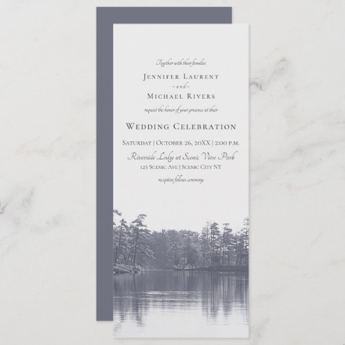 placid mountain lake landscape blue gray wedding invitation