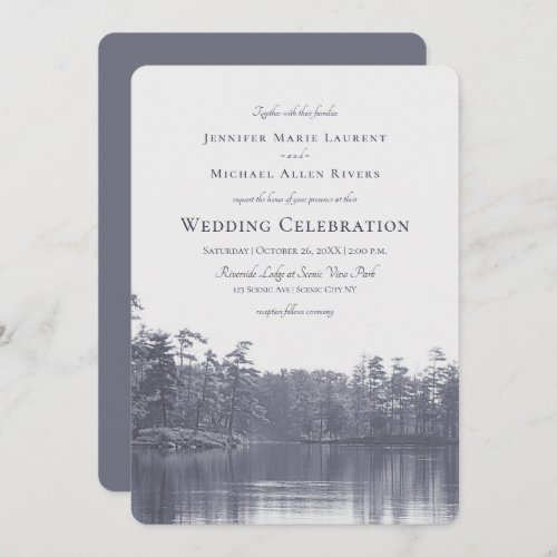 placid mountain lake landscape blue gray wedding invitation