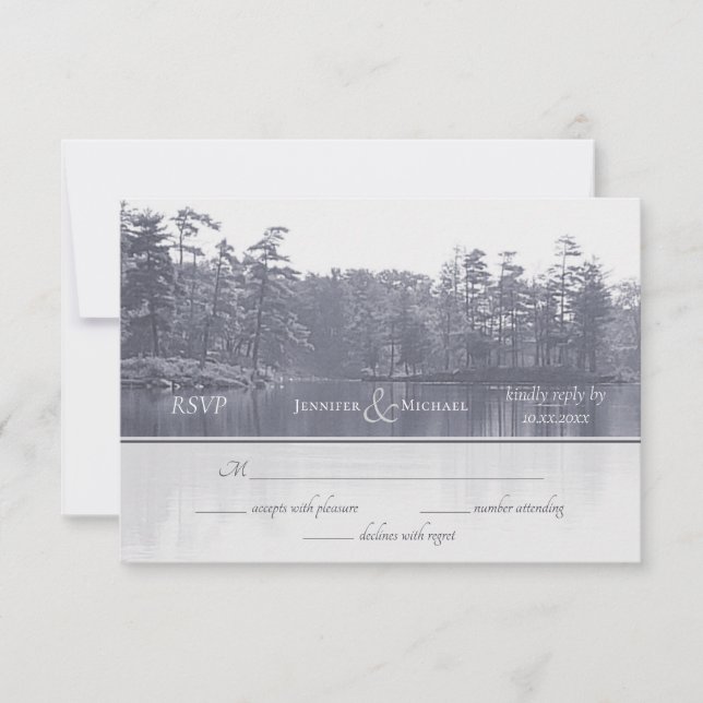 placid mountain lake landscape blue gray wedding RSVP card (Front)