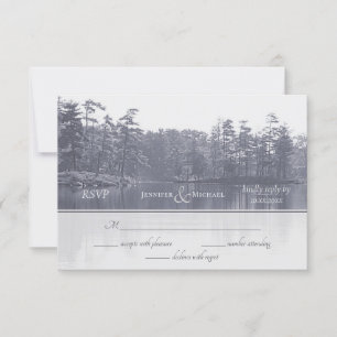 placid mountain lake landscape blue gray wedding RSVP card