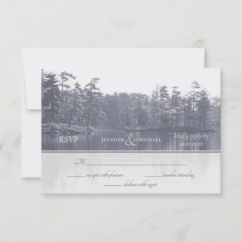 placid mountain lake landscape blue gray wedding RSVP card