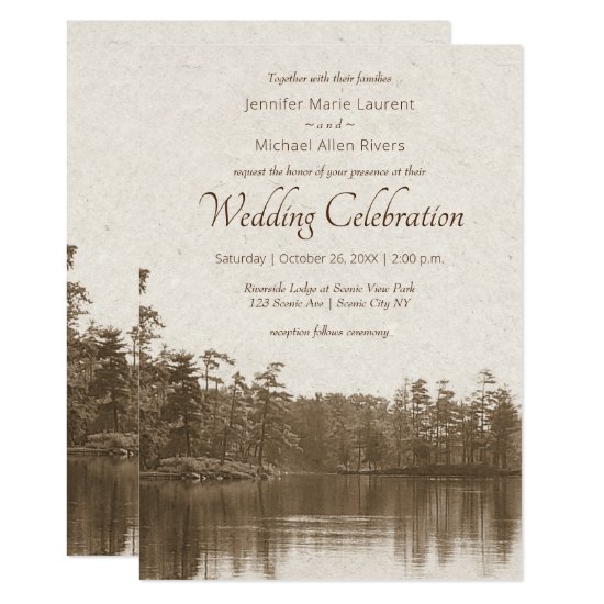 placid mountain lake landscape wedding invitation