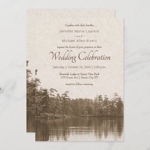 placid mountain lake landscape wedding invitation