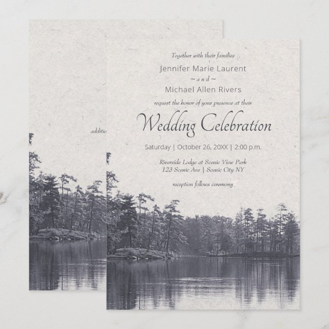 placid mountain lake vintage blue wedding invitation (Front/Back)