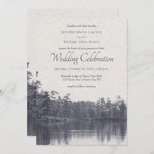 placid mountain lake vintage blue wedding invitation