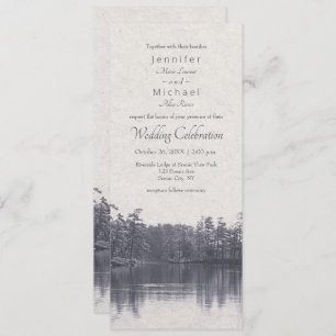 placid mountain lake vintage blue wedding invitation