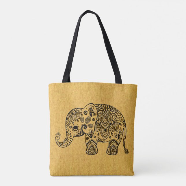 Plack Paisley Elephant On Gold Texture Tote Bag (Back)