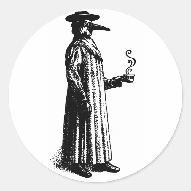 Plague Doctor with a Hot Cuppa Classic Round Sticker (Front)