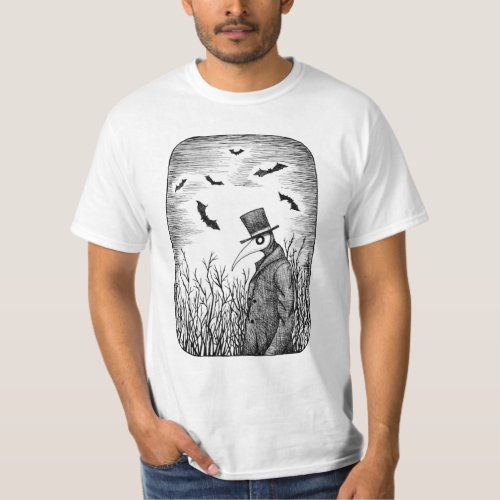 Plague Doctor with Bats Goth Art Ink Drawing  T_Shirt