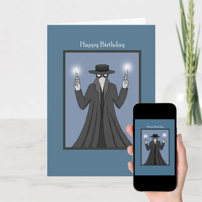 Plague Doctor with Vaccine Syringes Happy Birthday Card | Zazzle