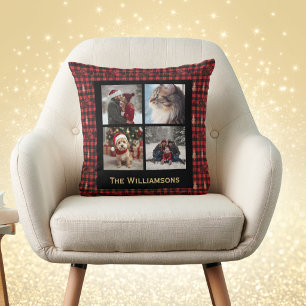 Plaid 4 Photo Christmas Country Chic Red Black Throw Pillow